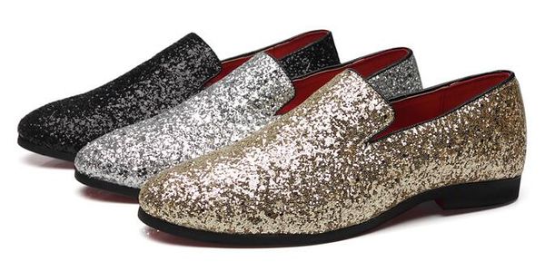 

new design men leather shoes glisten dress party shoes slip-on pointed toe loafers soft rubber bottom shoes men fashion, Black
