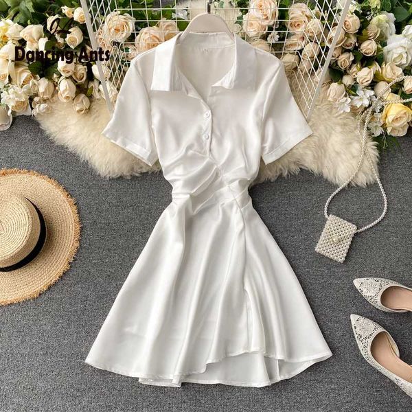 

woman summer dress short sleeve turn-down collar a-line dresses preppy style solid button pleated female vestidos 2020 new, Black;gray