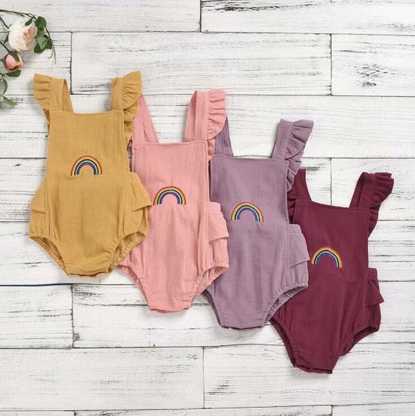 

toddle triangle rompers baby boys girls rainbow embroidery jumpsuits kids lace-up square collar fly sleeve onesies newborn playsuits cyp709, Blue