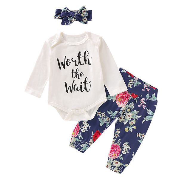 

romirus modis toddler kids baby girl clothes meisjes kleding long sleeve letter print romper floral pants hair band outfits, White