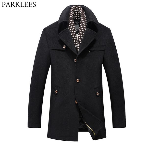 

men's notched lapel winter trench coats 2018 brand new long wool trench coat men slim fit single breasted pea coat manteau homme, Black