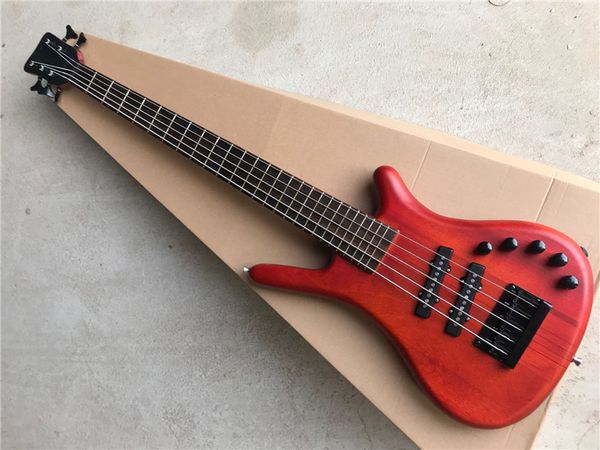 

custom 5 strings neck-thru-body red-brown electric bass guitar with black hardware,active circuit,can be customized