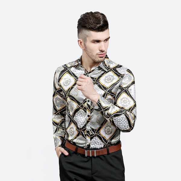 

seestern brand men's shirts fashionable personality characteristic crown lattice snake pattern chain printed leisure collar, White;black