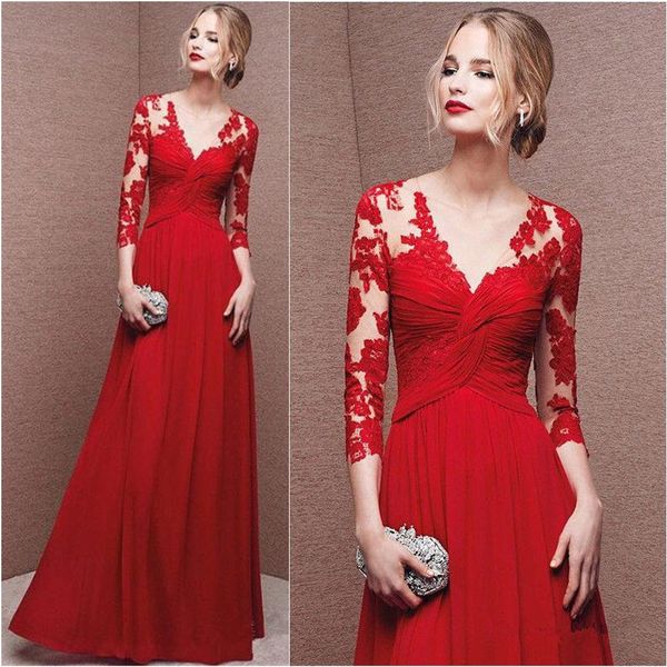 Long Sleeve Partido Prom Vestidos Sexy Pescoço V Zipper Red Chiffon sexo Alta Dividir apliques longo Vestidos ED1218