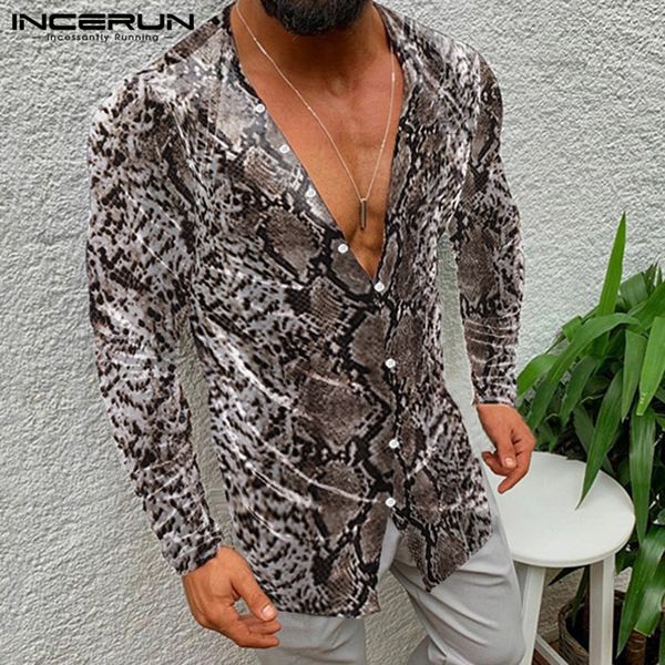 

incerun leopard print shirt men streetwear deep v neck button long sleeve blouse party fashion casual shirt men camisa 2019, White;black