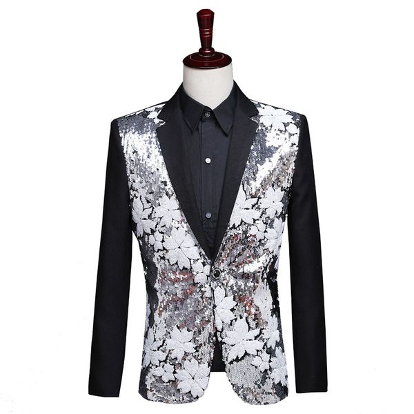 

floral sequin patchwork blazer men nighclub stage single breasted mens blazer jacket party wedding stage singer costume homme, White;black