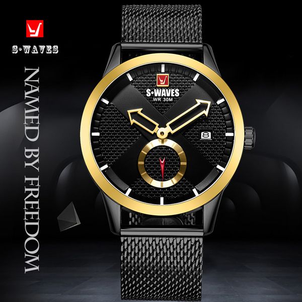 

swaves quartz man watch 2019 army stainless steel men sports watches water resistant gold black wrist watch men date clock, Slivery;brown