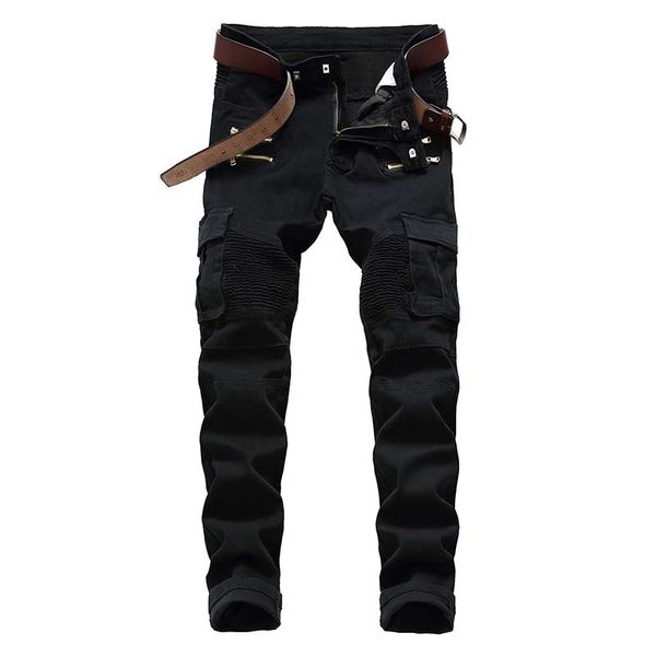 

men biker jeans denim pants pocket draped panelled zipper fashion quality, Blue