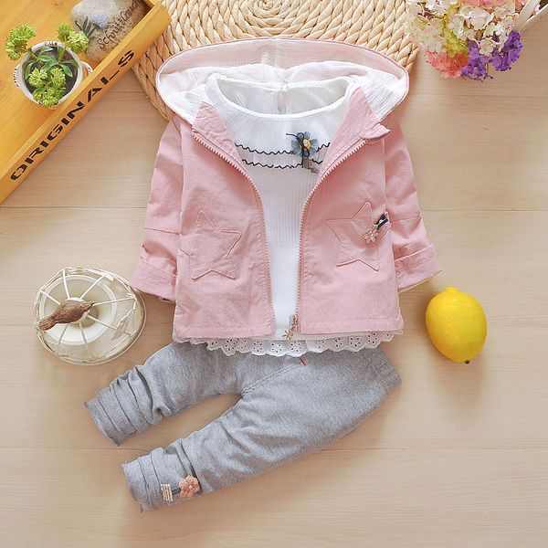 

3pcs toddler baby girls clothes set 2020 new spring girls clothing sets lovely cartoon hooded jackets+shirt+pants suits jf506 t200413, White