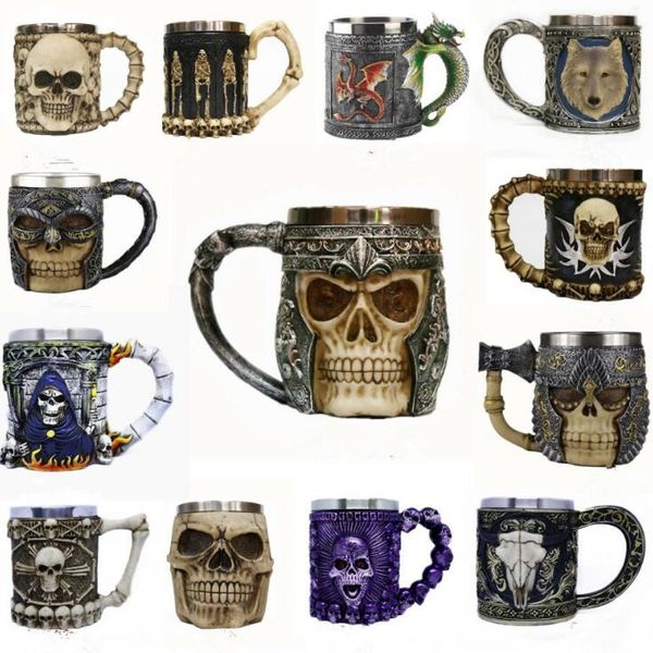 

Double deck tainle teel mug hallowma party wine gla 3d kull keleton punk tyle drinking cup whi ky gla bar decoration