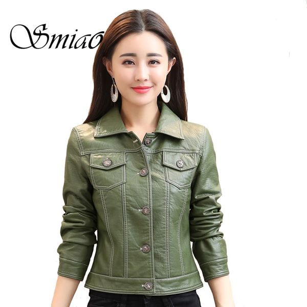 

smiao 2018 casual jacket for women slim shirt jacket spring short leather female pu clothes buttoned blouse faux leather, Black