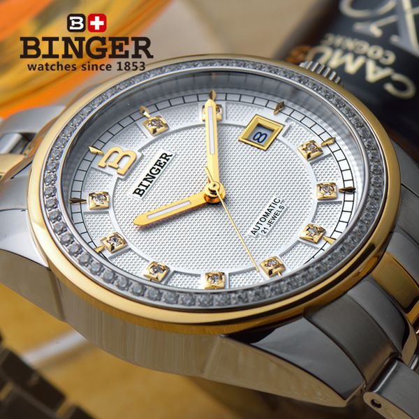 

2016 switzerland wristwatches binger 18k gold watches men luxury brand self-wind automatic wristwatches b5010-4, Slivery;brown