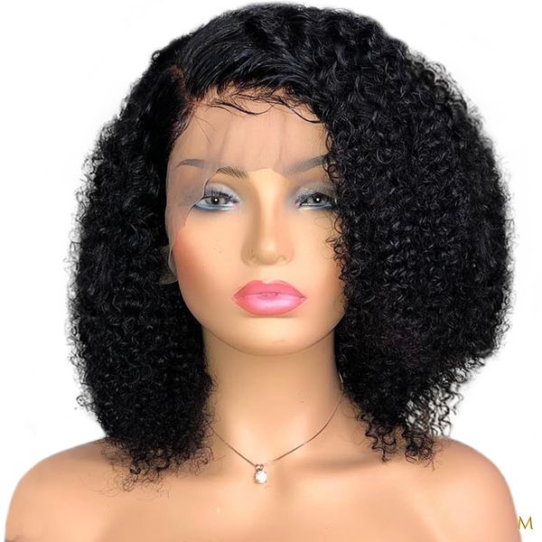 

short bob 13*4 afro kinky curly wig lace front human hair wigs for black women 150% remy brazilian plucked middle ratio bleached, Black;brown