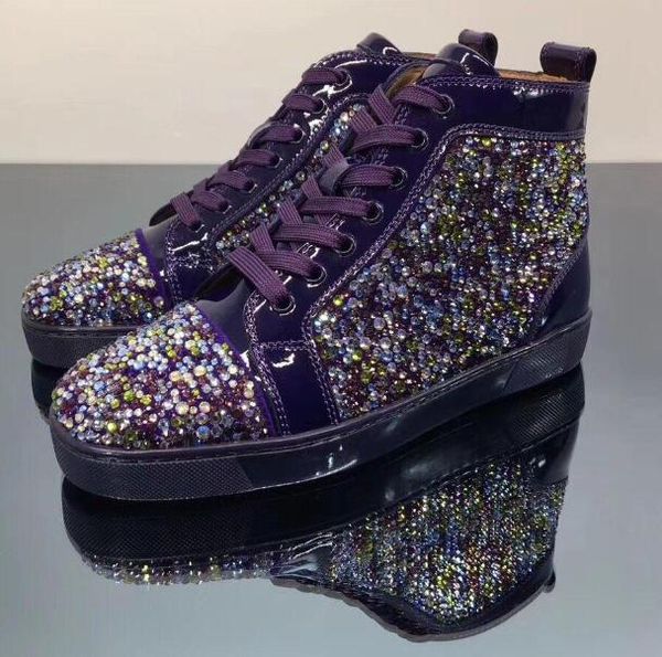 

original box] designer round toe casual multi rhinestone men women high purple red bottom sneakers,lace up leisure flats sneakers shoes, Black