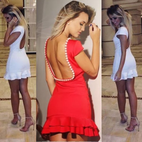 

new women pearl backless expose pleated club party cocktail mini dress, Black;gray
