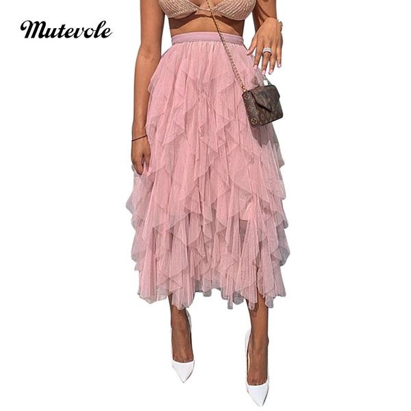 

mutevole fashion bodycon high waist pleated midi skirt women see through mesh ruffle skirt summer solid color puffy skirts, Black