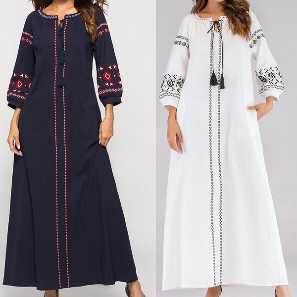 

2019 summer dress women's vintage print wrist sleeve ladies o-neck embroidery ankle-length dresses woman party night vestidos, Black;gray