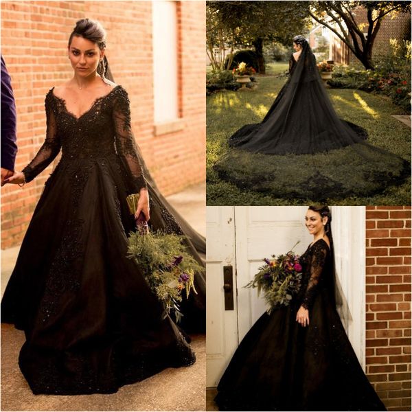 Gothic Preto Vintage vestido de casamento elegante Bobo Verão Sem Costas Vestido de Noiva Com apliques frisados ​​mangas compridas mariage vestido Novia 2019