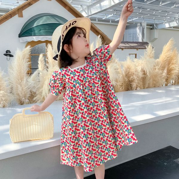

2-8t summer girls short sleeve floral dress printed flower lace dresses children clothes cotton princess holiday party dresses, Red;yellow