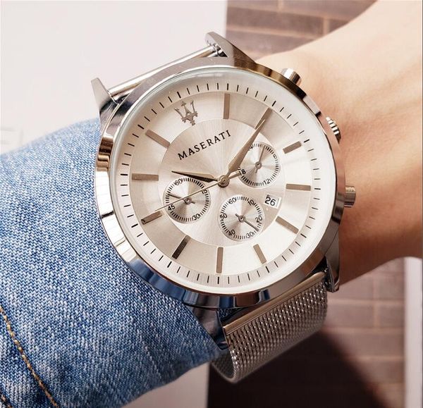 

men sport wrist watch maserati steel mesh strap quartz movement gift time clock watch relojes hombre horloge orologio uomo, Slivery;brown
