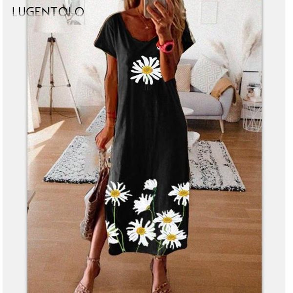 

lugentolo long dress women summer fashion print round neck short sleeve hem split plus size loose casual womens dresses, White;black