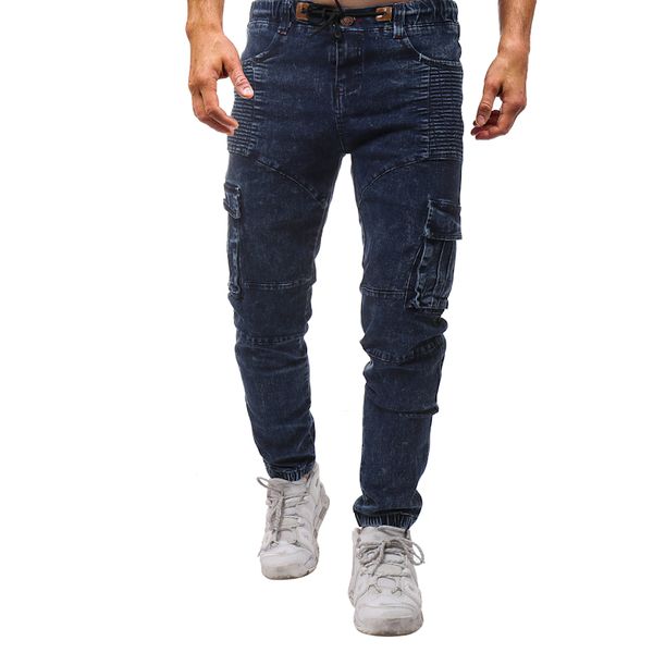 

men blue draped jeans pockets spring 19ss summer casual denim blue pencil pants trousers