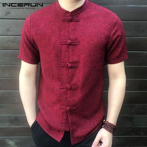 

incerun chinese style men shirt button stand collar short sleeve casual loose chemise solid color traditional vintage shirts men, White;black