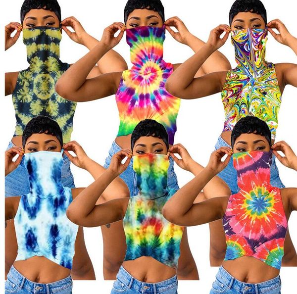 

женщины тенниска tie-краситель цветочного printed vest рукава футболка с маской для лица crop top summer lady одежда d6905, White
