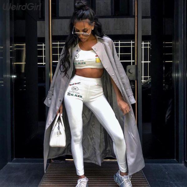 

two piece dress women letter print sets pieces fitness tracksuit 2021 summer elastic tank with pads high waist leggings casual sportwear, White