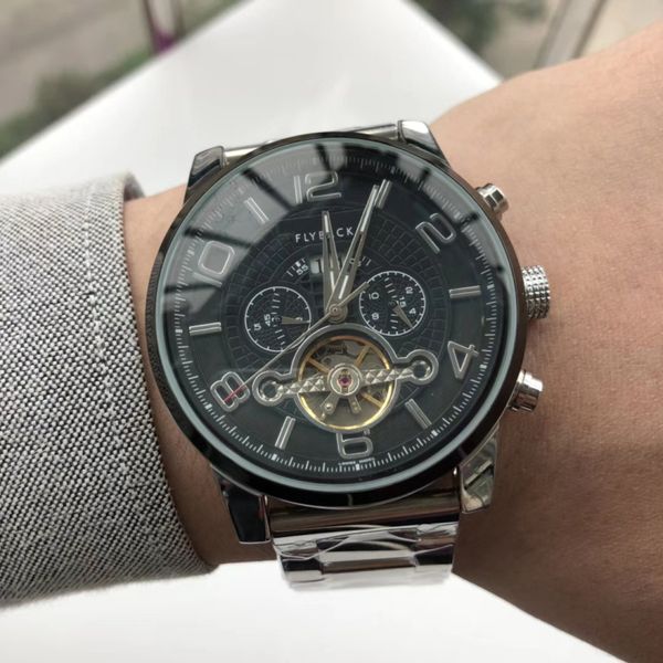 

двойной дисплей календаря мужские часы tourbillon автоматические часы сапфир cystal нержавеющей стали марка роскошные механический мужские ч, Slivery;brown