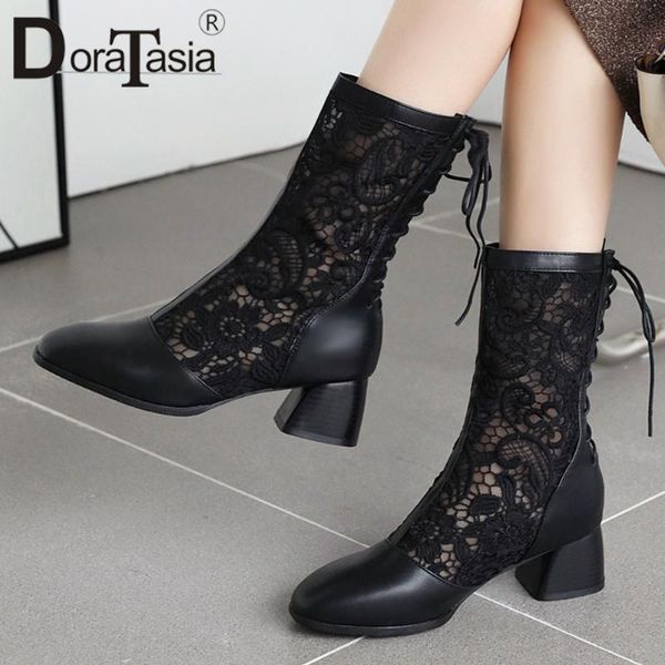 

doratasia ladies summer boots high heel fashion boots women round toe office casual party mid calf shoes woman, Black