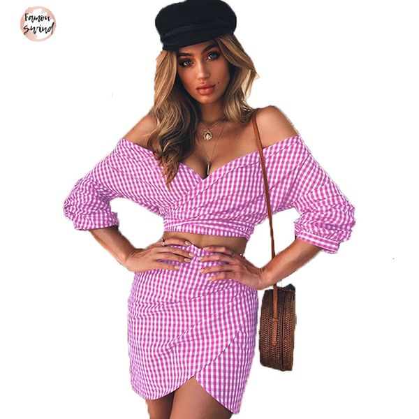

suit womens board checker plaid suits off shoulder two piece set flare sleeves short mini skirt roupas, White