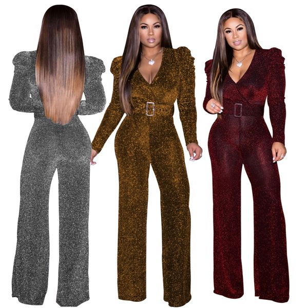 

women's jumpsuits & rompers fashion deep v-neck long sleeve bodysuit with belt autumn comfortable loose winter, Black;white