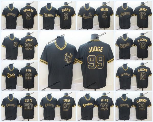 

2019 Black Gold Baseball Jerseys 22 Clayton Kershaw 3 Bryce Harper 21 Roberto Clemente 4 Yadier Molina 66 Yasiel Puig 50 Mookie Betts