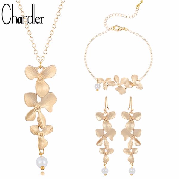 

chandler gold silver plated three orchid pendant necklaces blooming flower with pearl coliers for women elegent statement gifts