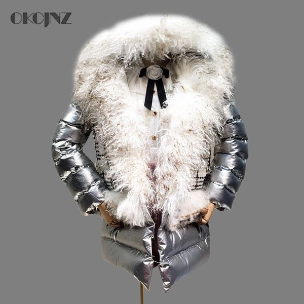 

wool fur winter coat women puffer jacket hooded parka female sliver patchwork glossy outwear 2018 thick warm snow wear okq113, Black