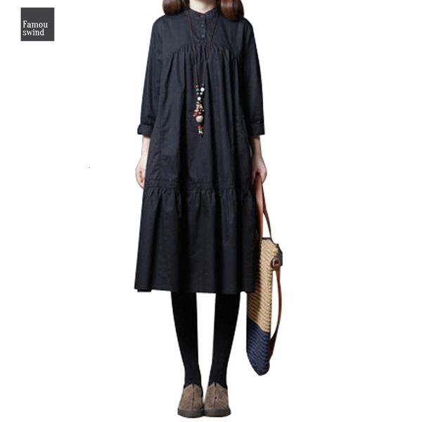 

2019 new spring women dress autumn cotton loose vintage linen long sleeve solid office dress vestidos robe, Black;gray