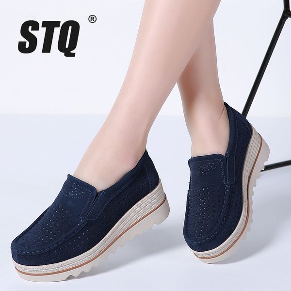 

stq 2019 spring women flats shoes platform sneakers shoes leather suede casual shoes slip on flats heels creepers moccasins 3088 y190704, Black