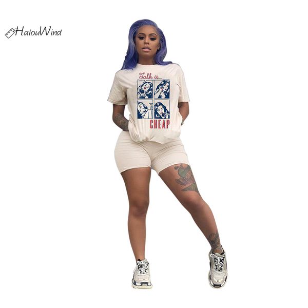 

2019 summer cartoon series print tracksuits women two piece set short sleeve t shirt and shorts casual 2 piece pink outfits, White