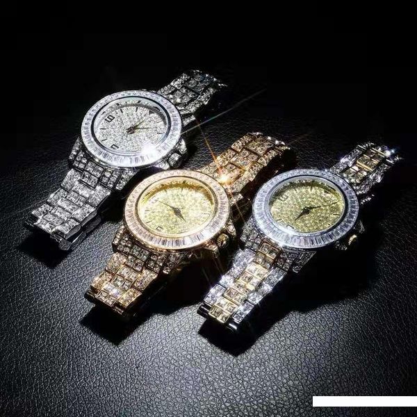 

iced out wristwatch for men luxury designer mens bling diamond quartz watch hip hop gold silver ins jewelry watches love gift, Slivery;brown