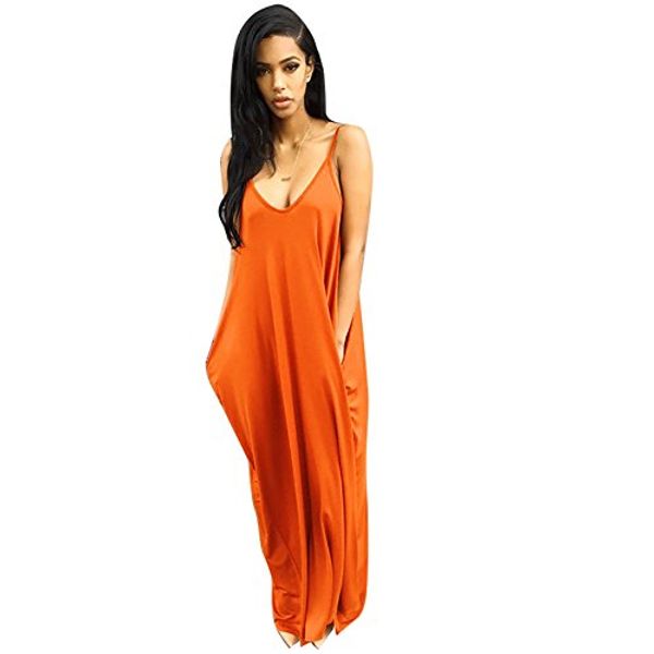 

bodycon4u women's summer spaghetti strap v-neck side pockets loose maxi dress, Black;gray