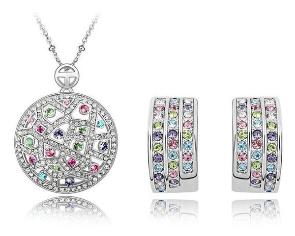 

luxury shiny bridal 18k white gold plated round austrian crystal necklace earrings for women swarovski crystal jewelry sets, Silver