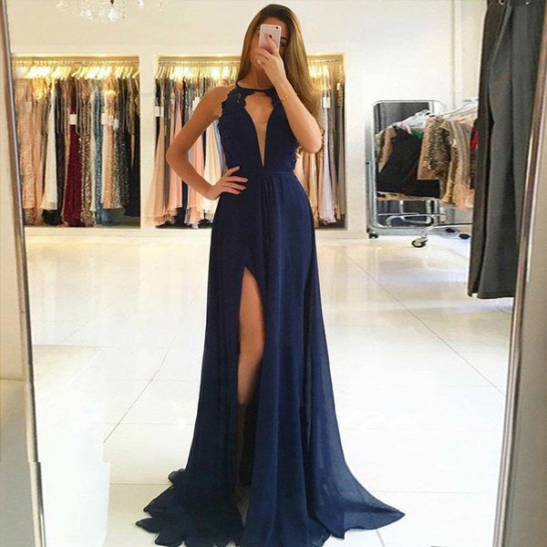 Chiffon Prom Dresses with Lace deep v neck Sexy Open Back Party Dresses Dark Navy side slit Evening Dresses Hot Sale Evening Gowns 2019