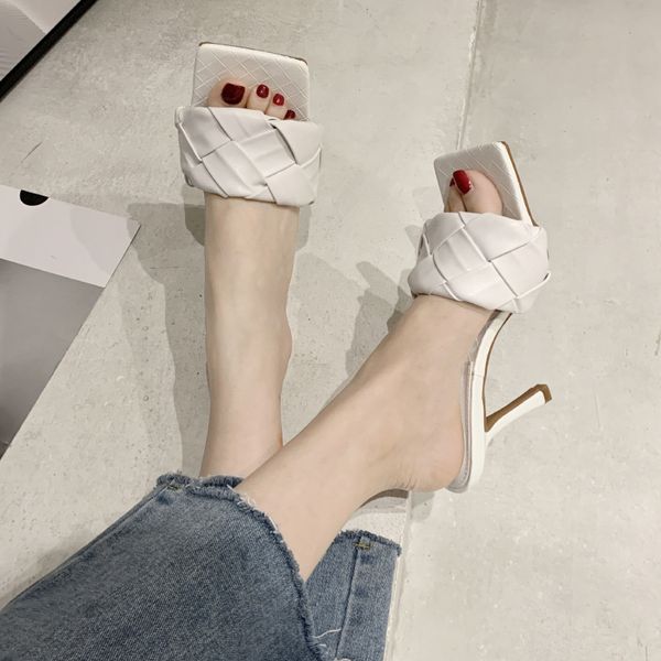 

2020 new mules women slipper summer square toe high heel ladies sandal weave stiletto dress shoes slides, Black