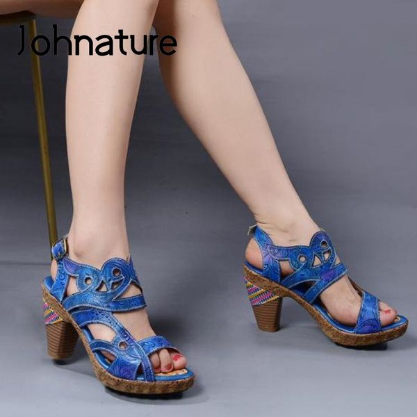 

johnature high heels retro ladies sandals women shoes 2020 new spring summer genuine leather hand-painted sewing women sandals t200529, Black