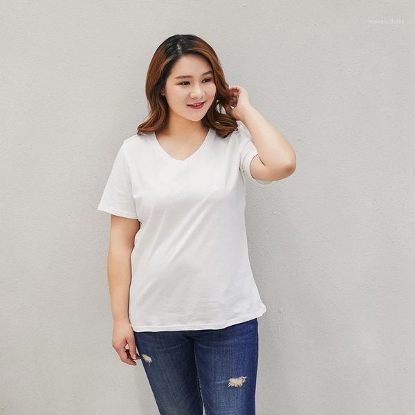 

extra large women short sleeve t shirt casual loose pure color big size cotton v neck, White