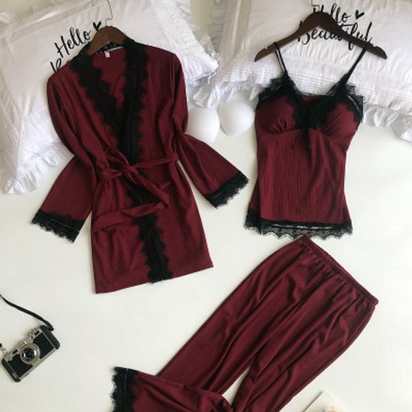 

herislim cotton women pajamas set with chest pads spring lace pyjamas female sleepwear nightwear 3 pieces elegant home wear, Blue;gray