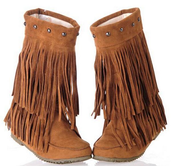 

spring women autumn 3 layer fringe tassels flat heel boots knee boots big size shoes 35-43 snow boots iwtm-8356, Black