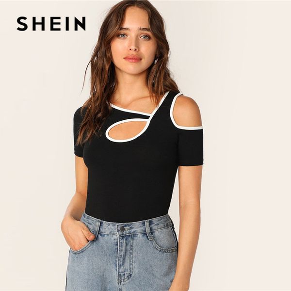 

shein black sporty contrast binding cutout detail tshirt women summer casual slim fit asymmetrical neck t shirt ladies, White