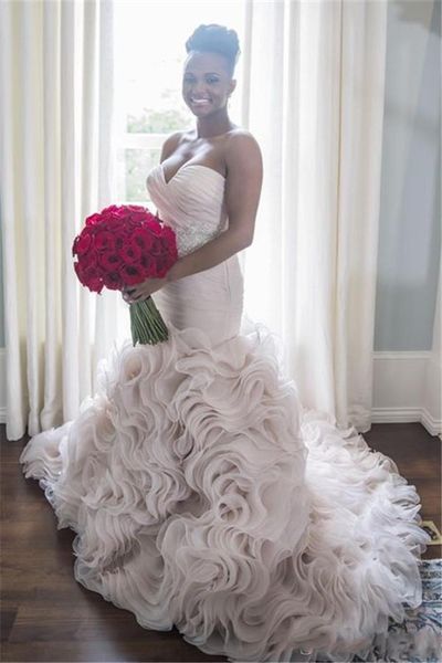 

Plus Size Wedding Dresses Sweetheart Ruffles weep Train Mermaid Wedding Gowns Sash Beads Pleats Zipper Organza Bridal Dress